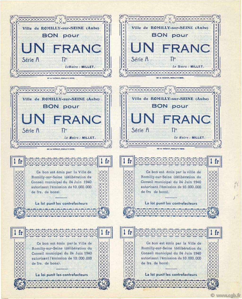 1 Franc Planche FRANCE regionalismo y varios Romilly-Sur-Seine 1940 K.100b EBC+