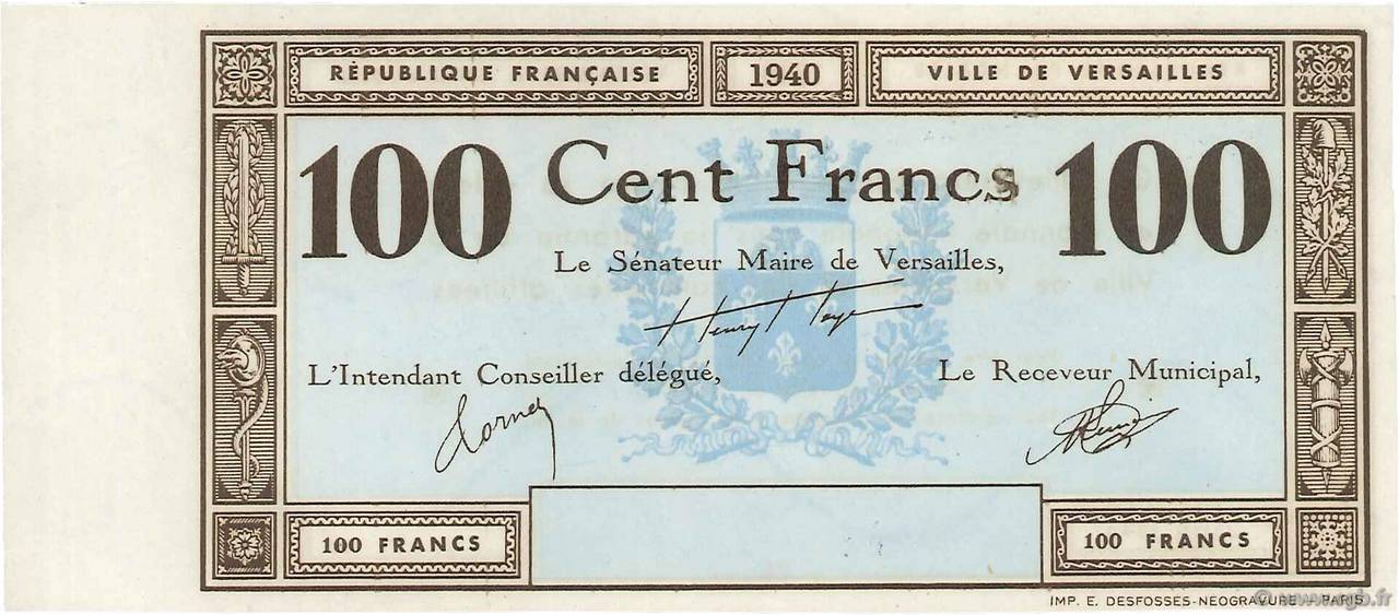100 Francs Non émis FRANCE régionalisme et divers Versailles 1940 K.130a SPL