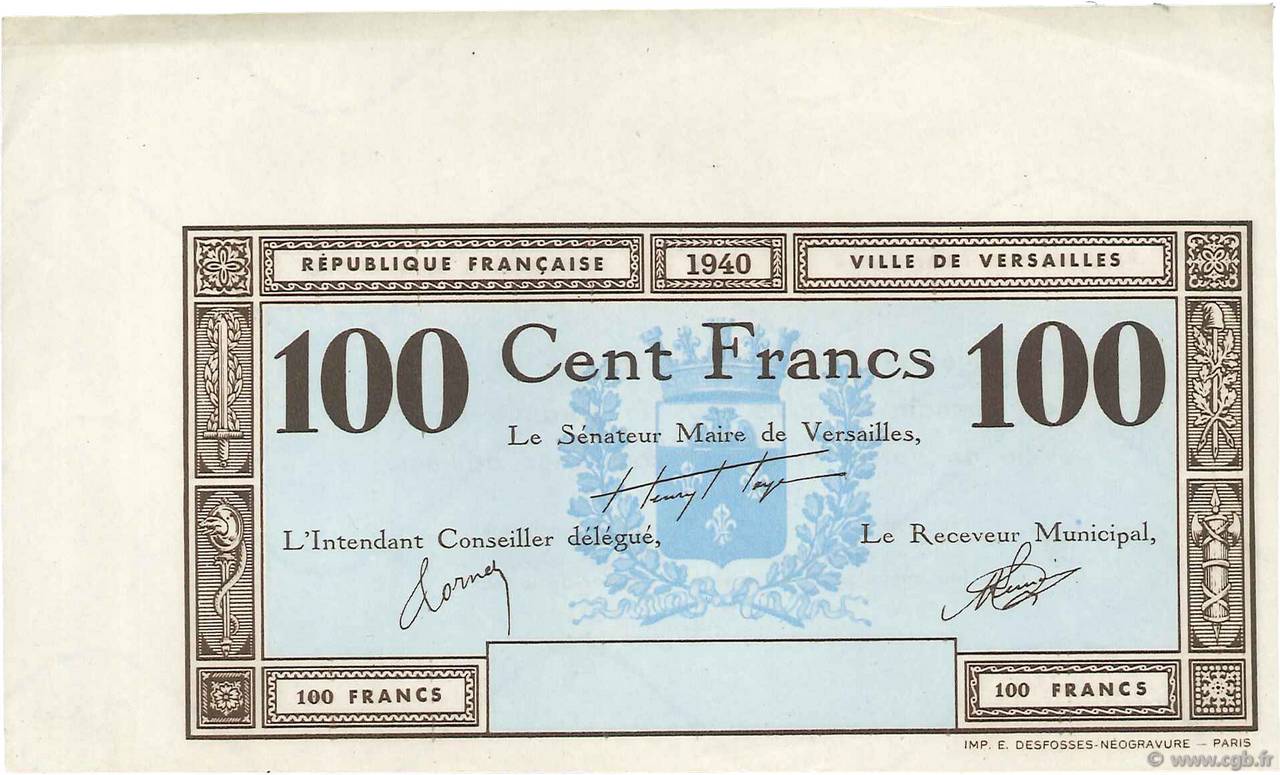 100 Francs Non émis FRANCE regionalism and miscellaneous Versailles 1940 K.130b AU