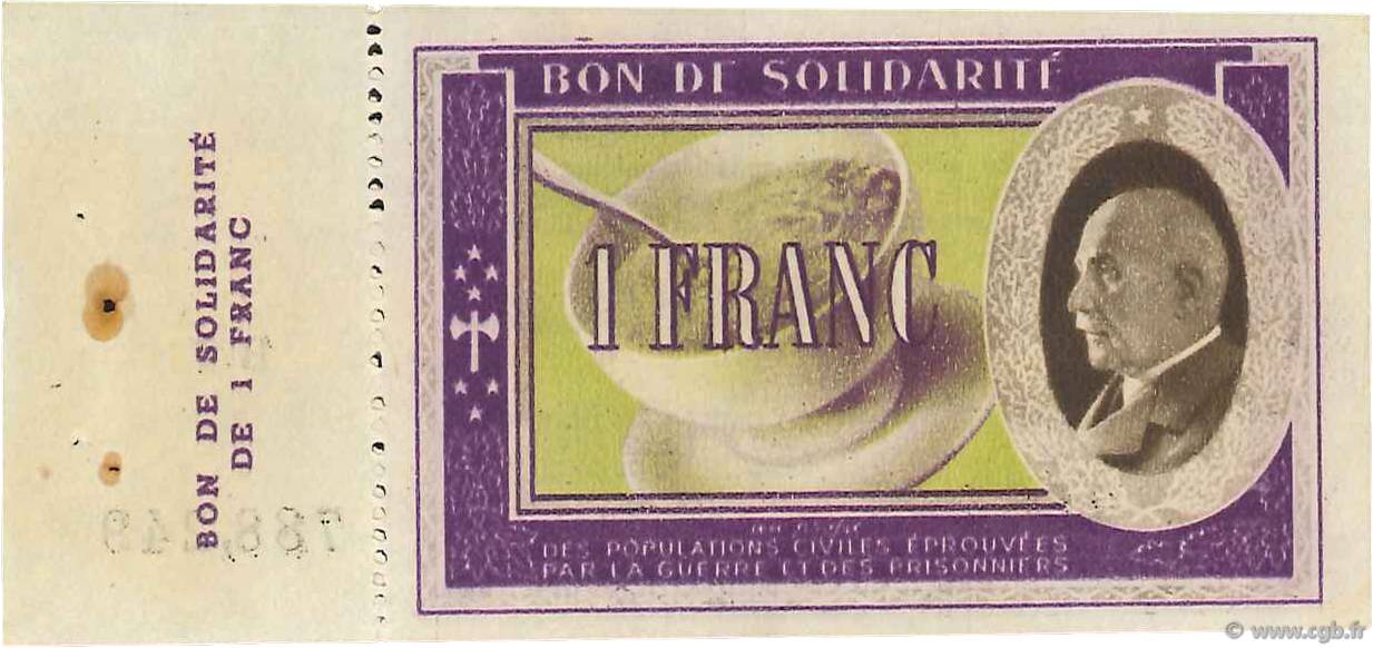 1 Franc BON DE SOLIDARITÉ FRANCE régionalisme et divers  1941  SUP