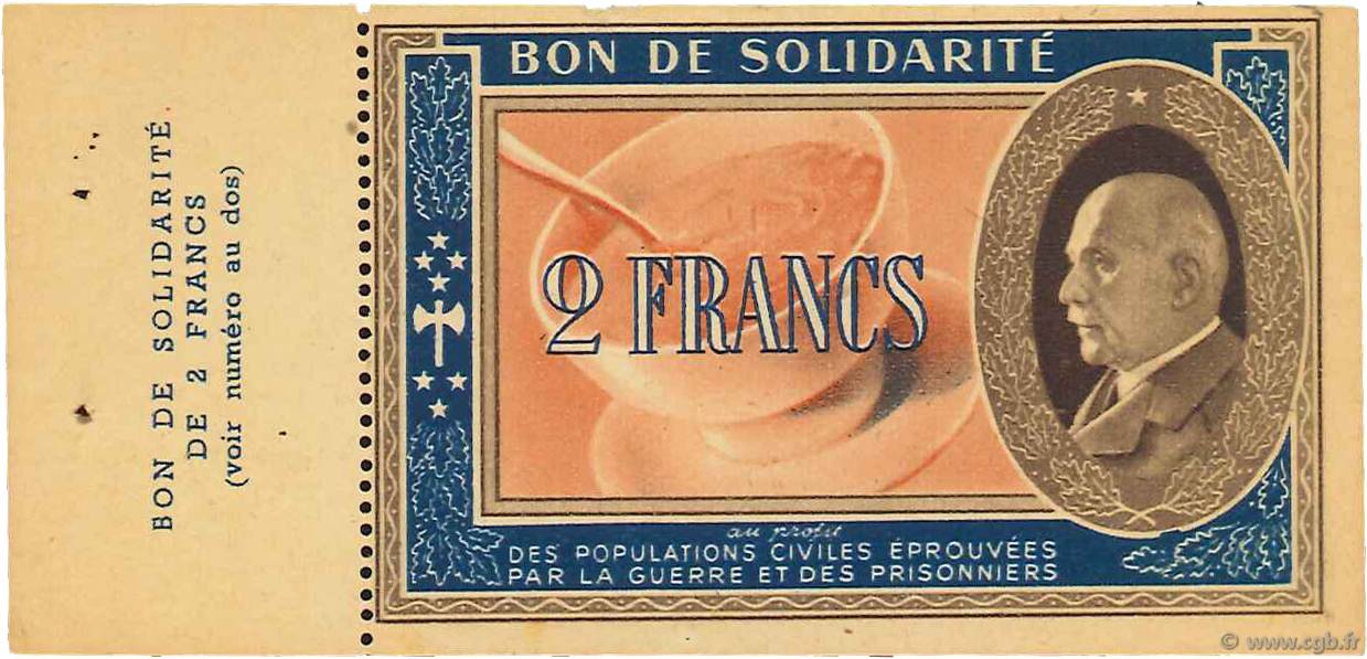 2 Francs BON DE SOLIDARITÉ FRANCE Regionalismus und verschiedenen  1941  VZ