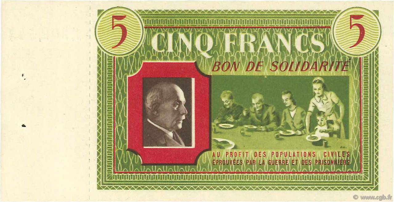 5 Francs BON DE SOLIDARITÉ FRANCE regionalism and miscellaneous  1941  AU