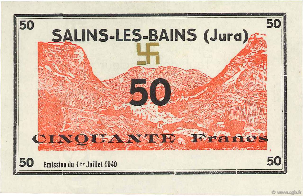 50 Francs FRANCE regionalismo y varios Salins-Les-Bains 1940 K.114b FDC