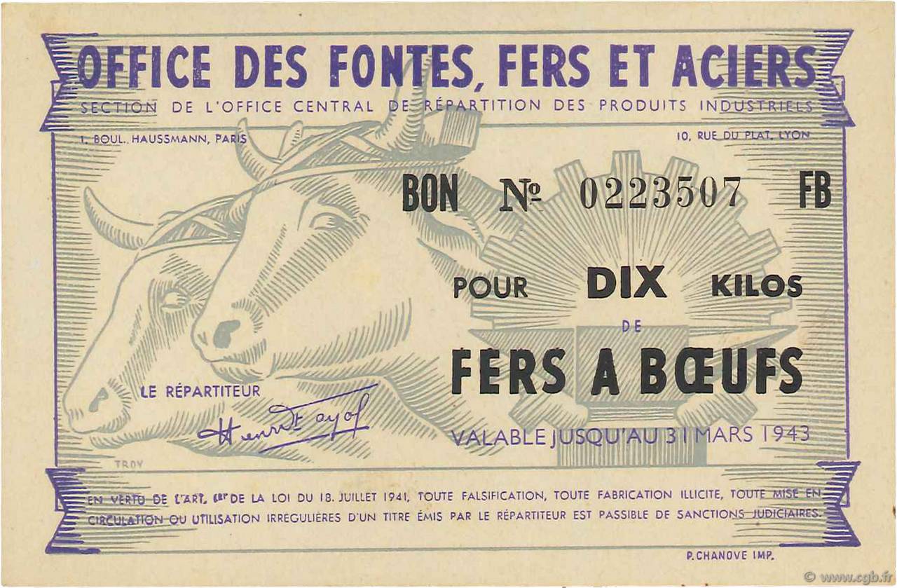 10 Kilos Fers à Bœufs FRANCE regionalismo y varios  1943  SC