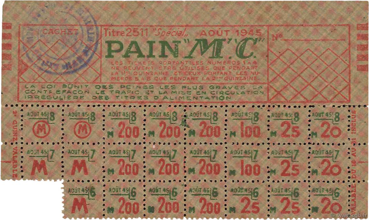 200 Grammes Pain FRANCE regionalismo y varios  1945  MBC