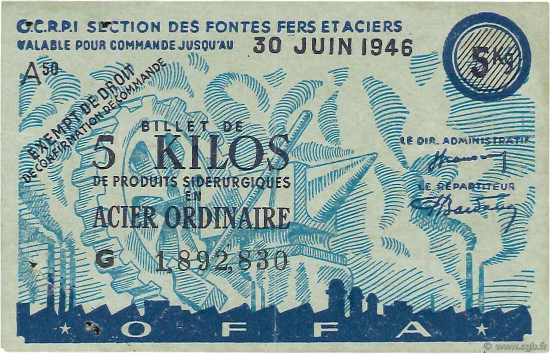5 Kilos Acier ordinaire FRANCE regionalismo y varios  1946  MBC