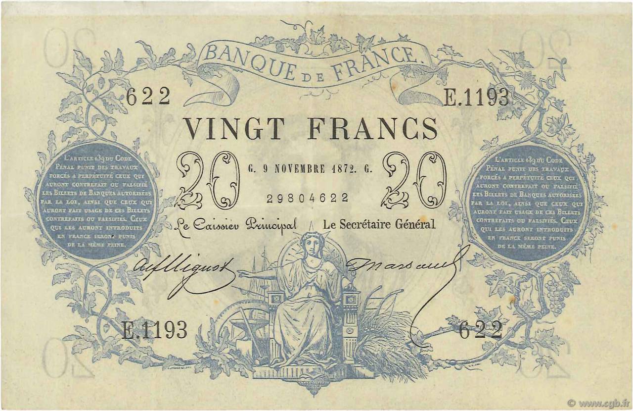 20 Francs type 1871 FRANKREICH  1872 F.A46.03 SS