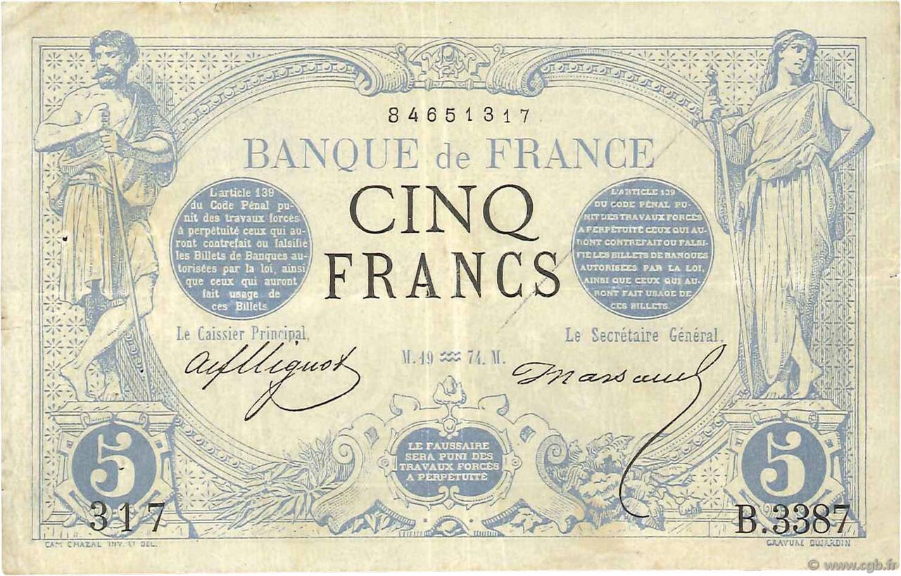 5 Francs NOIR FRANKREICH  1874 F.01.25 fSS