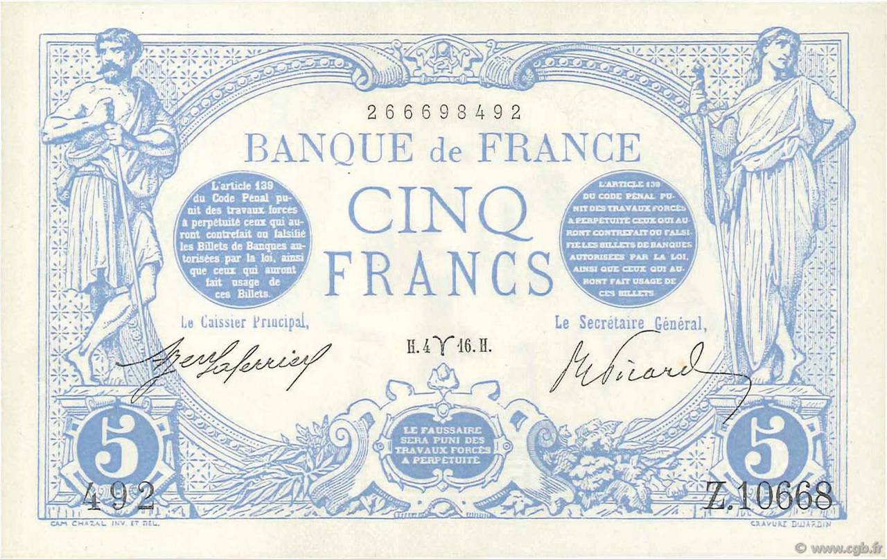 5 Francs BLEU FRANCIA  1916 F.02.37 EBC a SC