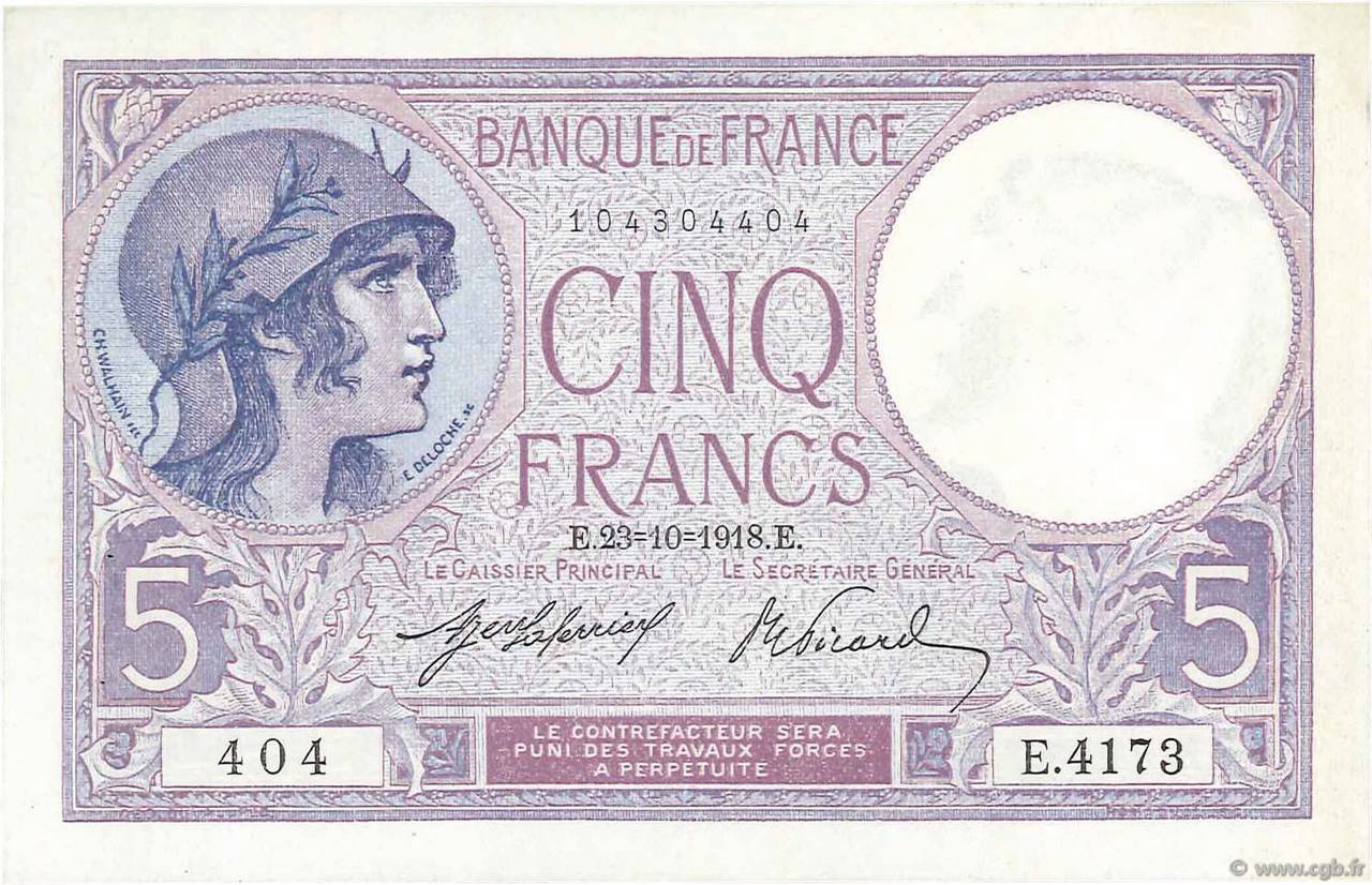 5 Francs FEMME CASQUÉE FRANKREICH  1918 F.03.02 VZ