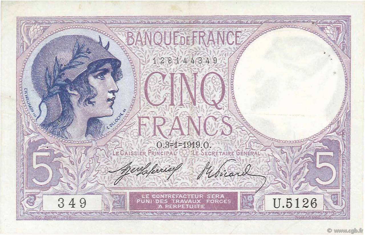 5 Francs FEMME CASQUÉE FRANCE  1919 F.03.03 TTB+