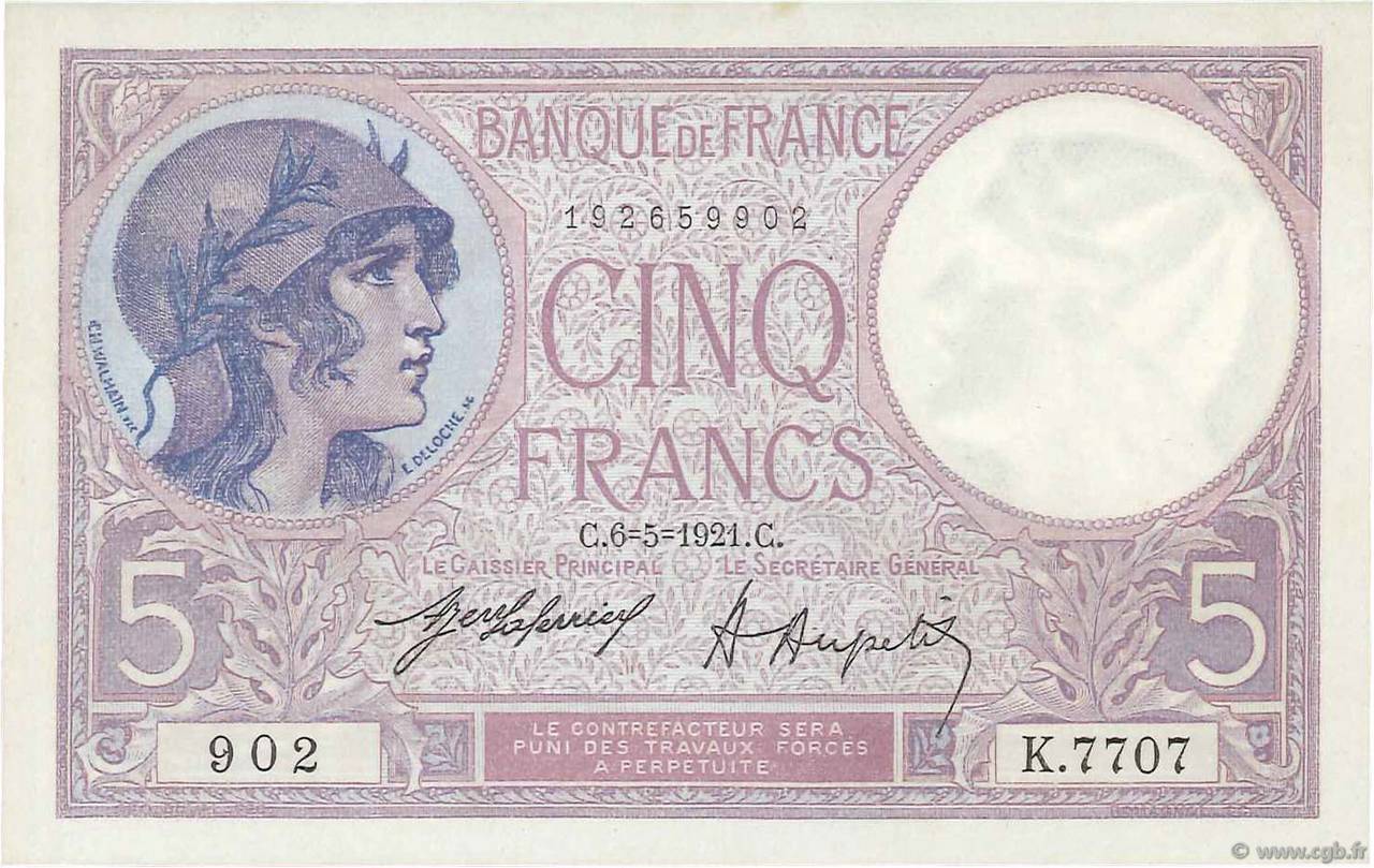 5 Francs FEMME CASQUÉE FRANCE  1921 F.03.05 UNC-