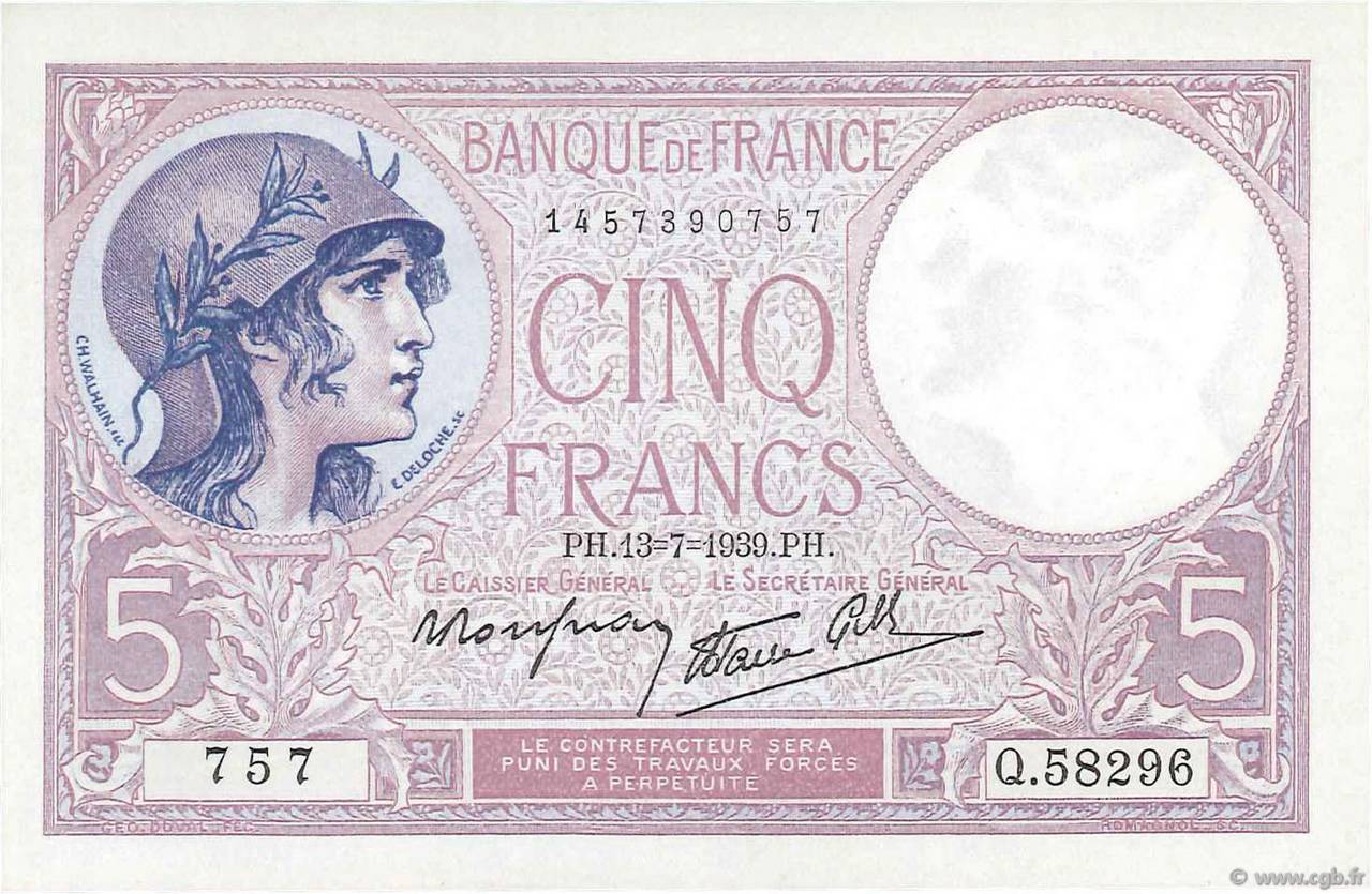 5 Francs FEMME CASQUÉE modifié FRANCE  1939 F.04.01 NEUF