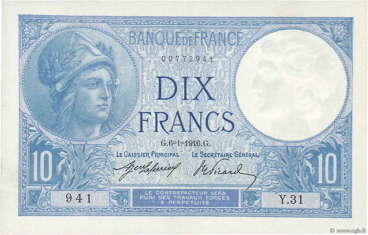 10 Francs MINERVE FRANCIA  1916 F.06.01 EBC+