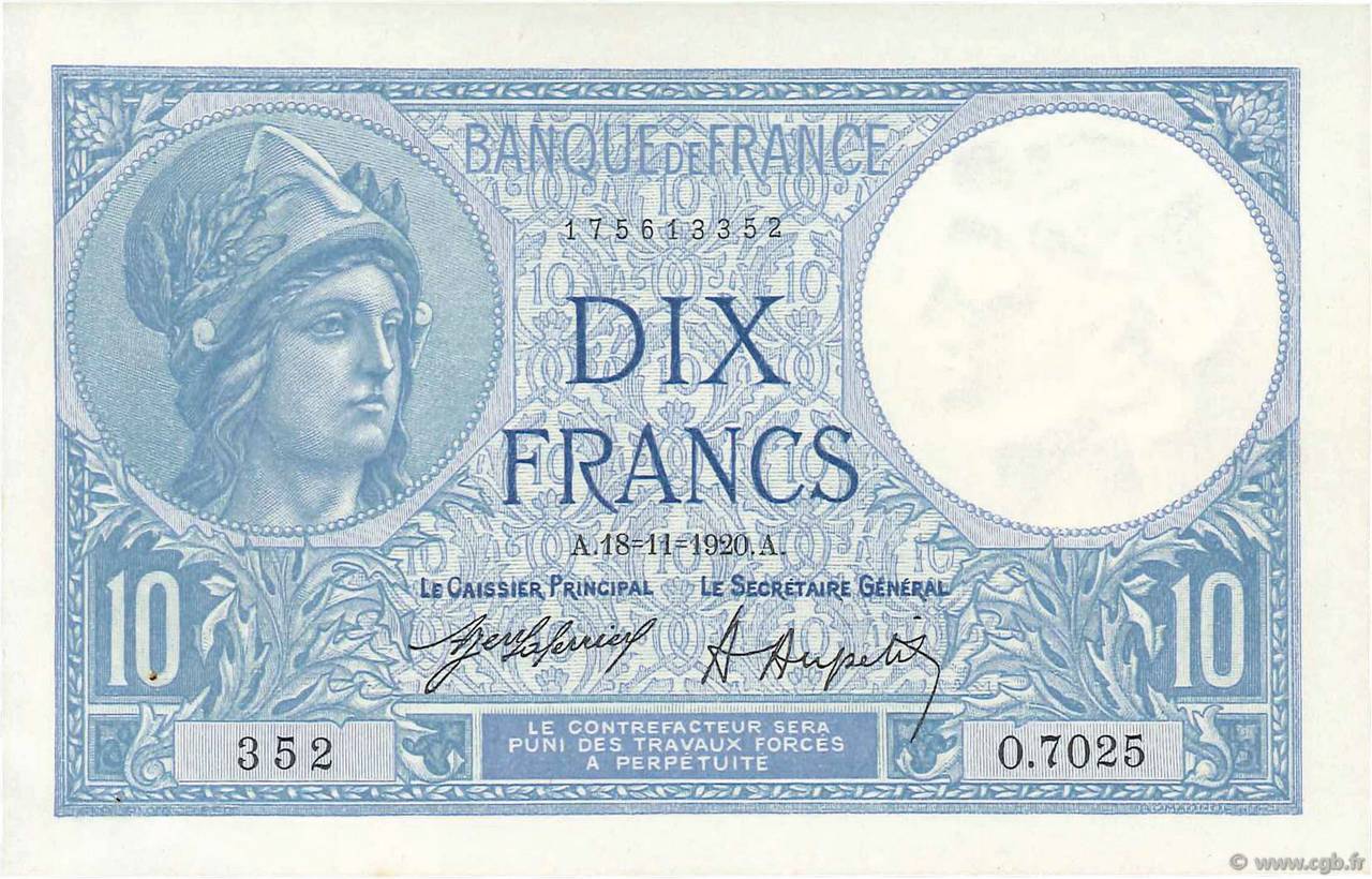 10 Francs MINERVE FRANKREICH  1920 F.06.04 fST