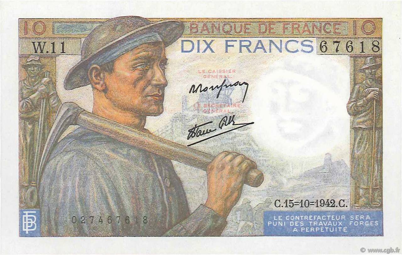 10 Francs MINEUR FRANCIA  1942 F.08.04 FDC