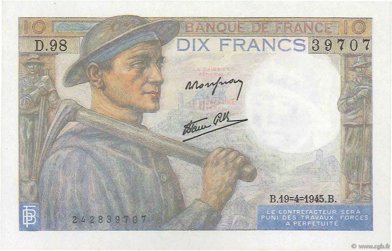 10 Francs MINEUR FRANCIA  1945 F.08.13 q.FDC