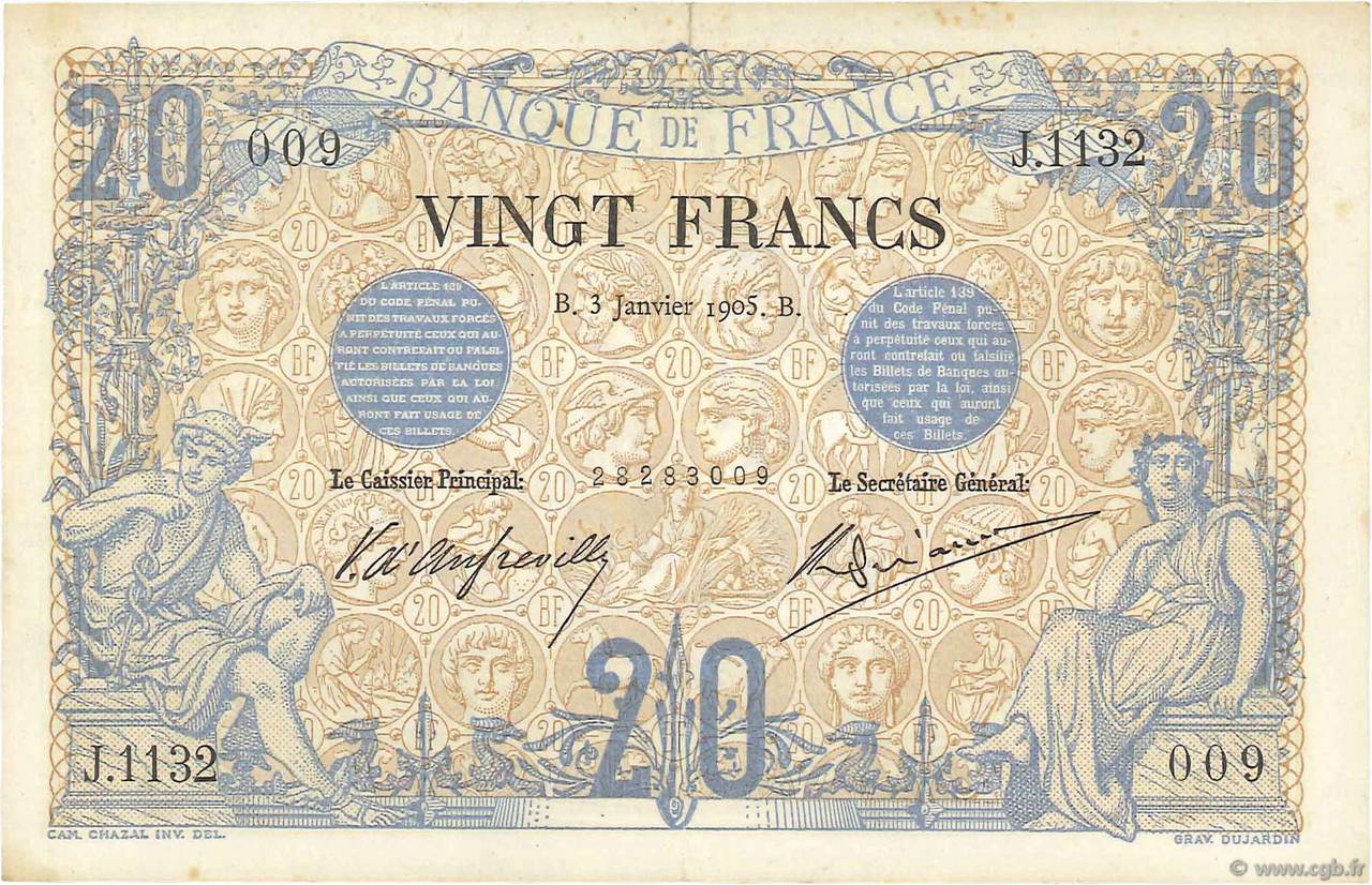 20 Francs NOIR FRANKREICH  1905 F.09.04 fVZ