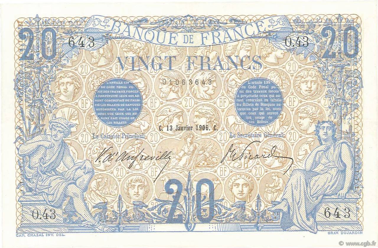20 Francs BLEU FRANCE  1906 F.10.01 SUP