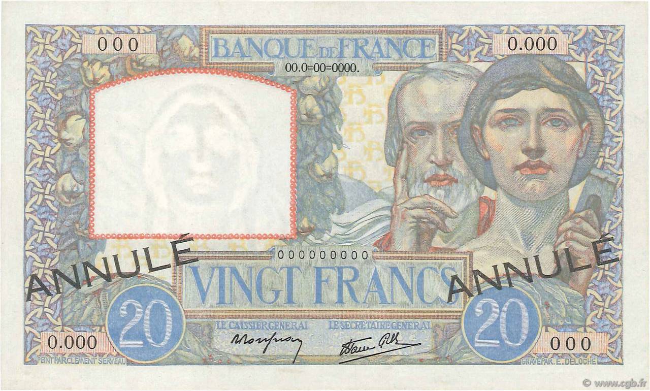 20 Francs TRAVAIL ET SCIENCE Spécimen FRANCE  1939 F.12.01Ss AU