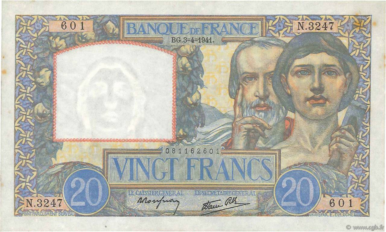 20 Francs TRAVAIL ET SCIENCE FRANCE  1941 F.12.13 AU