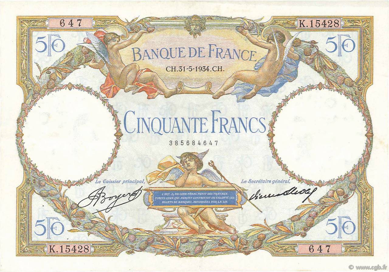 50 Francs LUC OLIVIER MERSON type modifié FRANCE  1934 F.16.05 pr.SUP