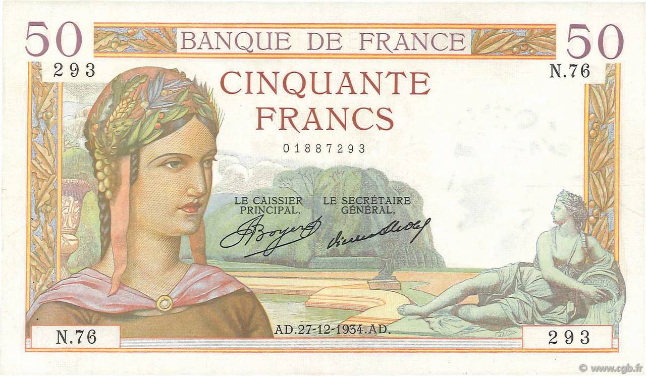 50 Francs CÉRÈS FRANCE  1934 F.17.02 VF