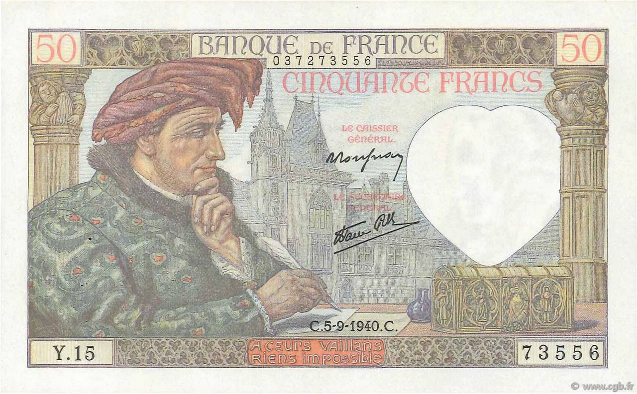 50 Francs JACQUES CŒUR FRANCIA  1940 F.19.02 SPL+