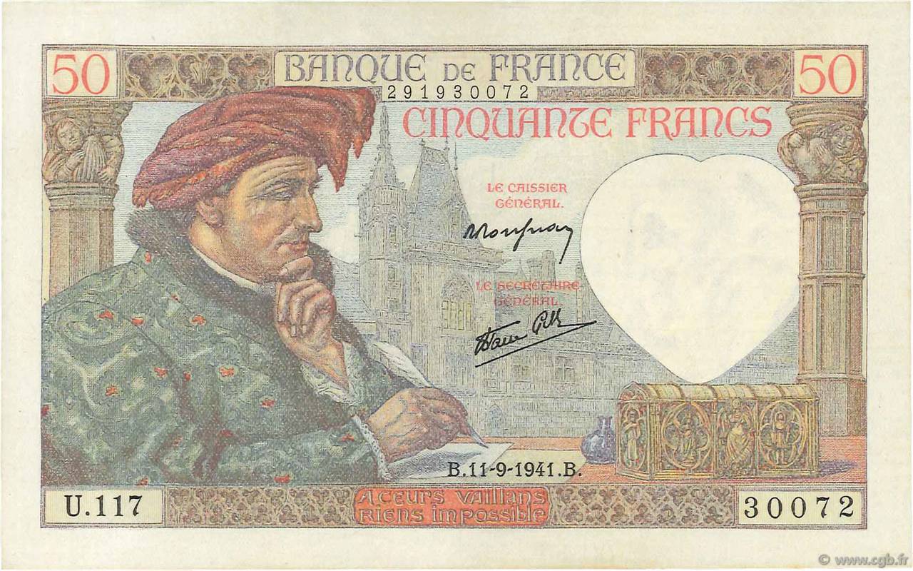 50 Francs JACQUES CŒUR FRANCE  1941 F.19.14 AU+