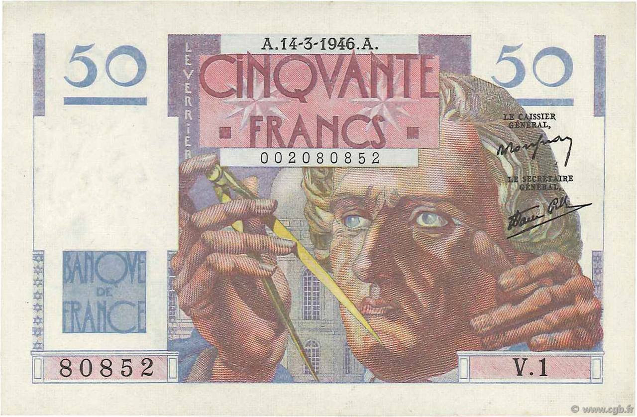 50 Francs LE VERRIER FRANCIA  1946 F.20.01 SPL+