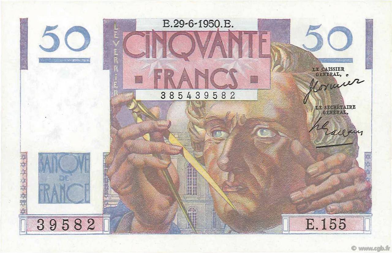 50 Francs LE VERRIER FRANCE  1950 F.20.15 UNC-
