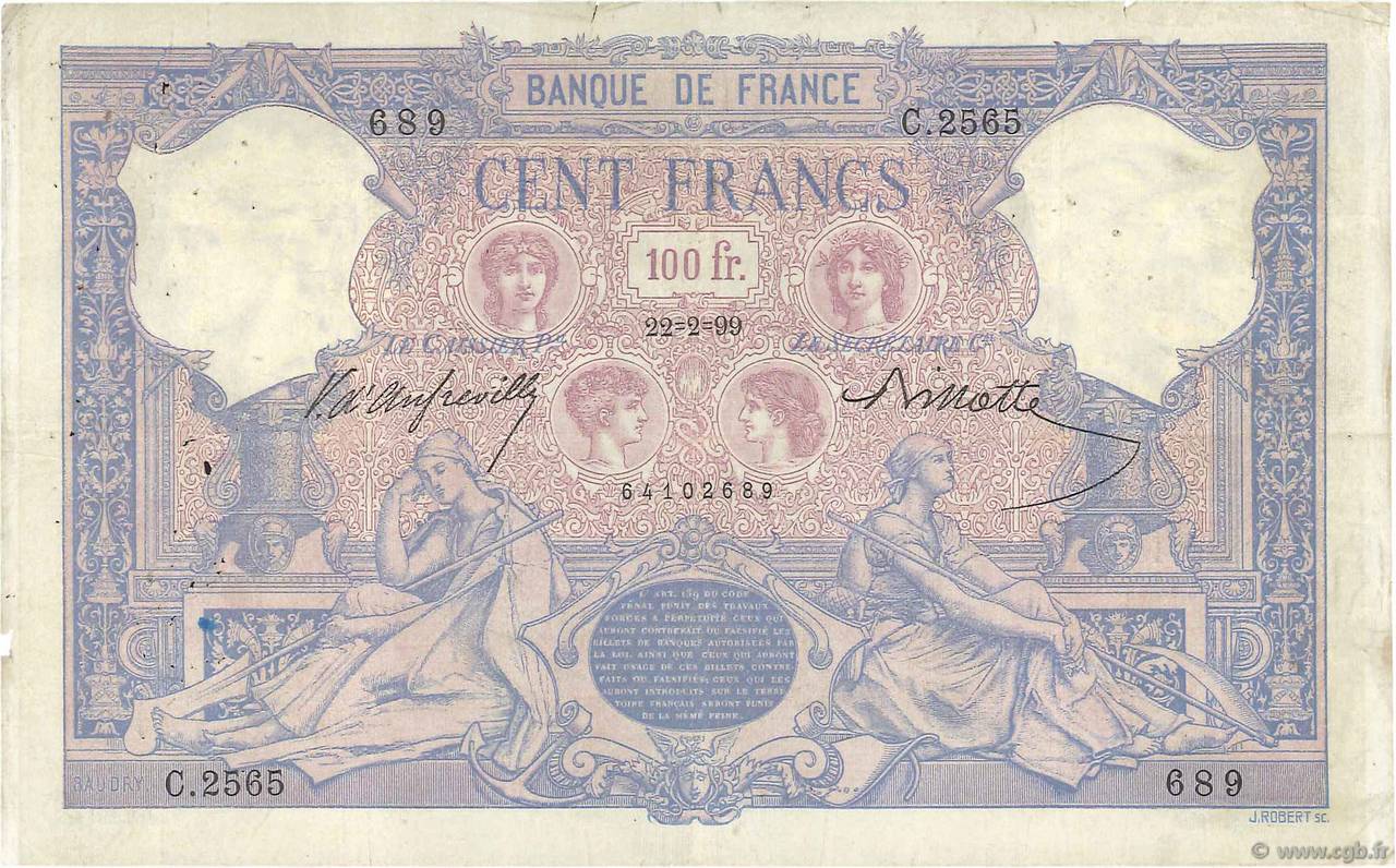 100 Francs BLEU ET ROSE FRANCE  1899 F.21.12 F