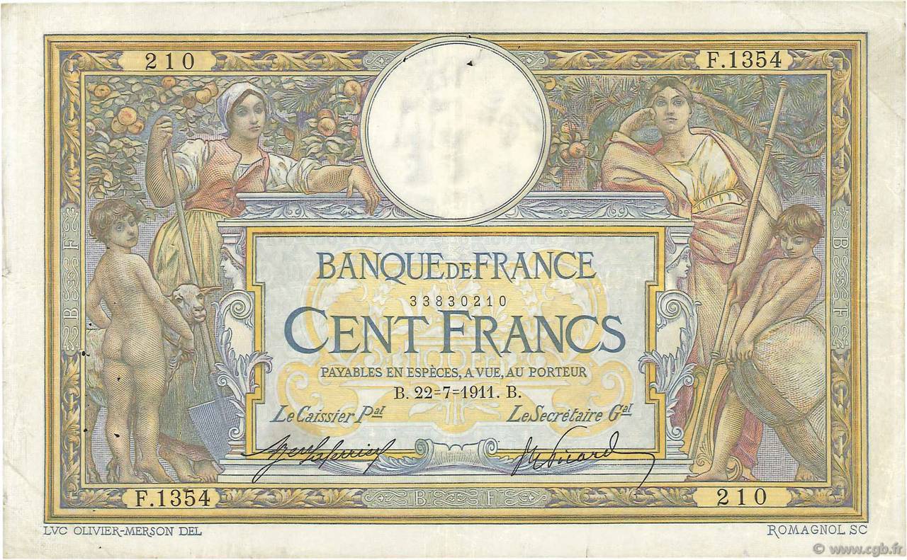 100 Francs LUC OLIVIER MERSON sans LOM FRANCE  1911 F.23.03 F+
