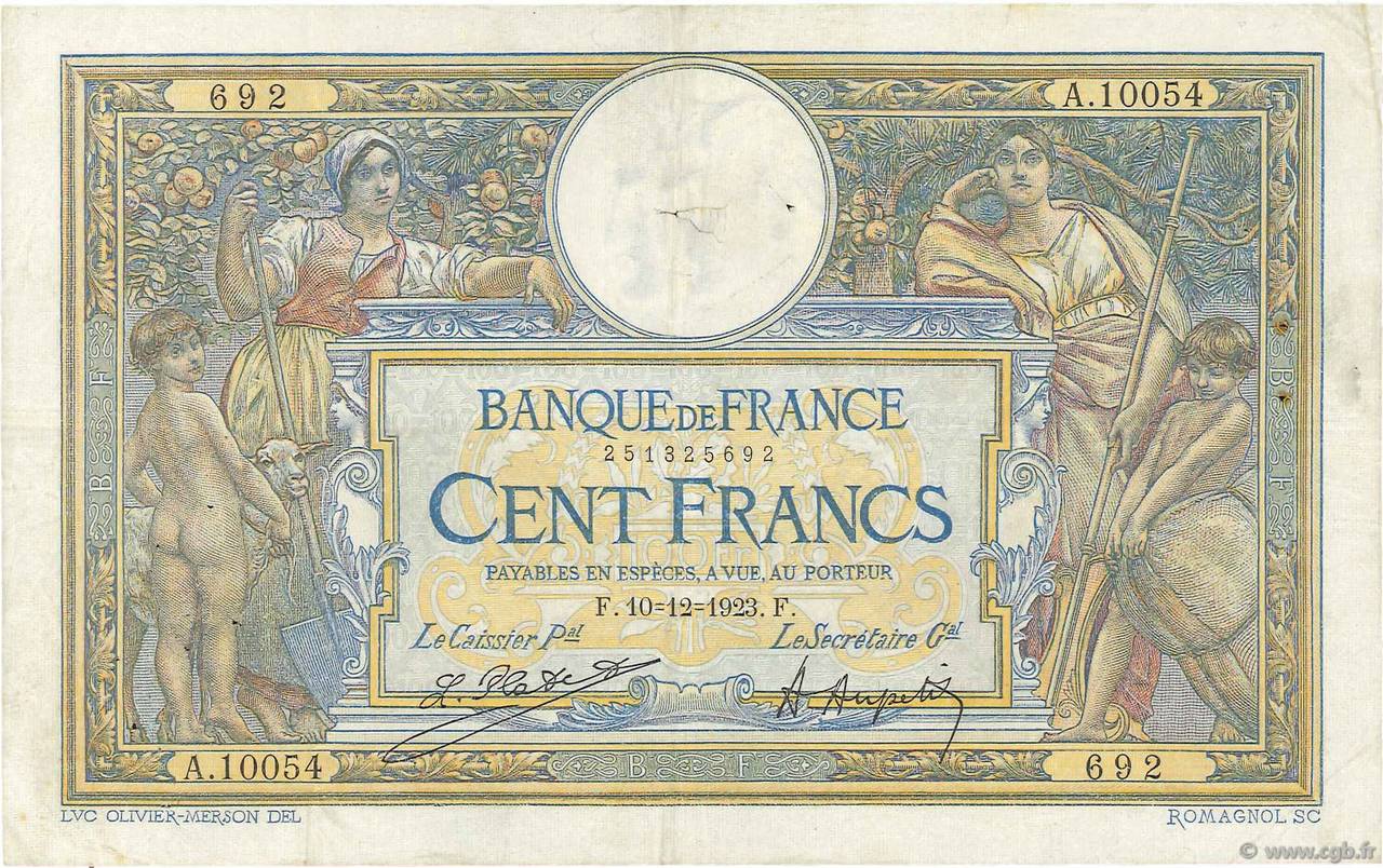 100 Francs LUC OLIVIER MERSON grands cartouches FRANCIA  1923 F.24.01 BC