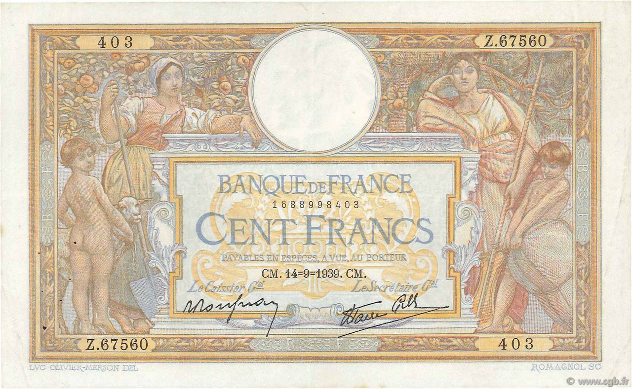 100 Francs LUC OLIVIER MERSON type modifié FRANCIA  1939 F.25.49 q.SPL