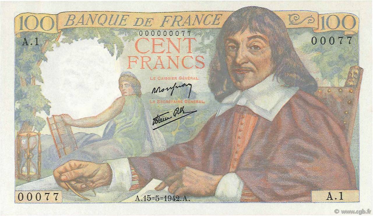 100 Francs DESCARTES Petit numéro FRANCE  1942 F.27.01A1 UNC-