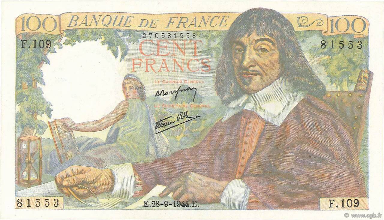 100 Francs DESCARTES FRANKREICH  1944 F.27.07 fST+