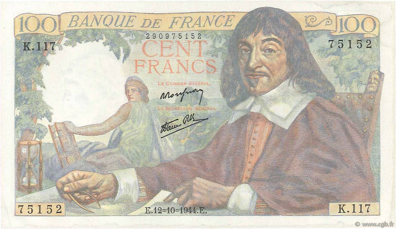 100 Francs DESCARTES FRANCIA  1944 F.27.08 SC+