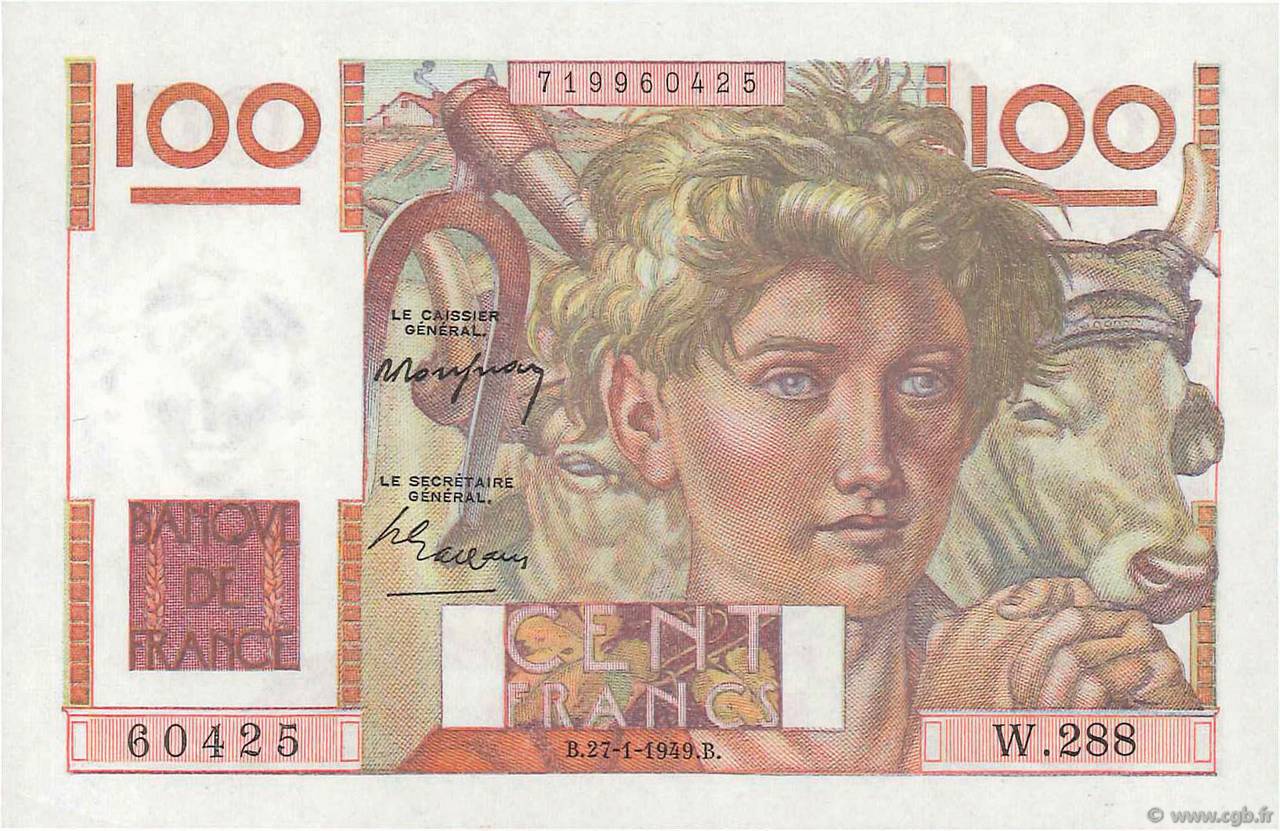 100 Francs JEUNE PAYSAN FRANKREICH  1949 F.28.21 fST+