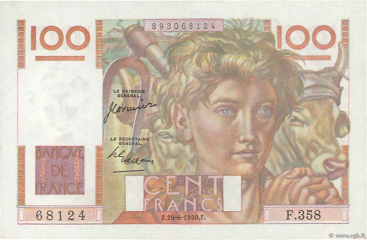100 Francs JEUNE PAYSAN FRANCE  1950 F.28.25 pr.NEUF