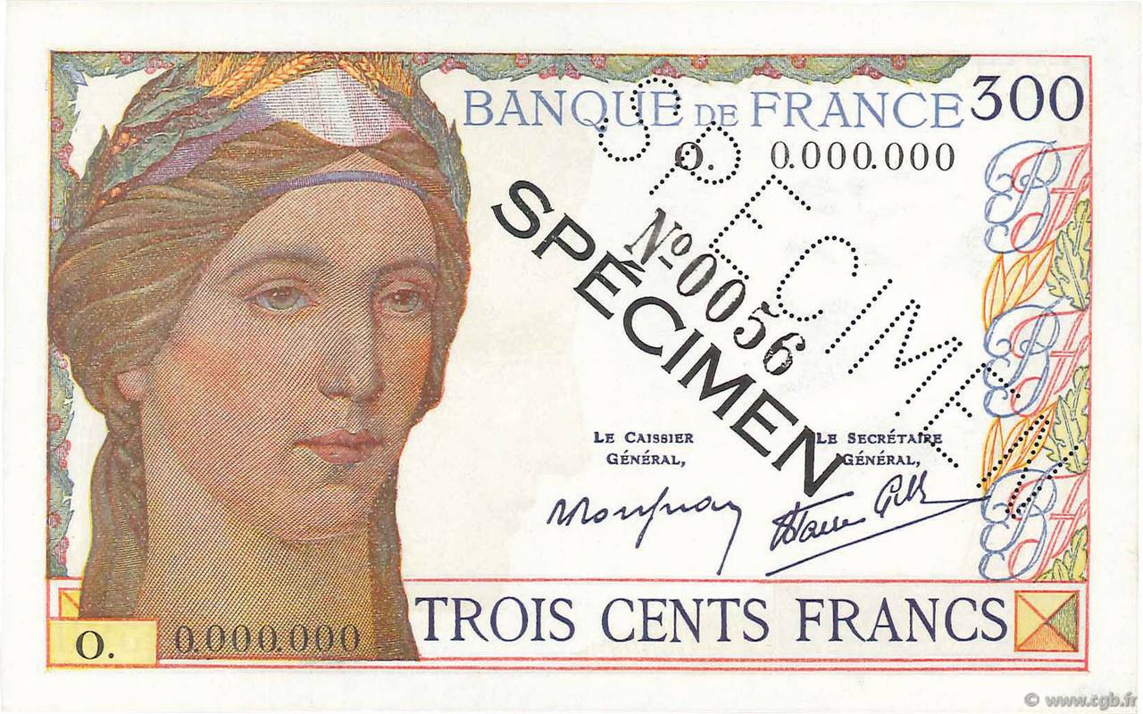 300 Francs Spécimen FRANKREICH  1938 F.29.01Spn fST+