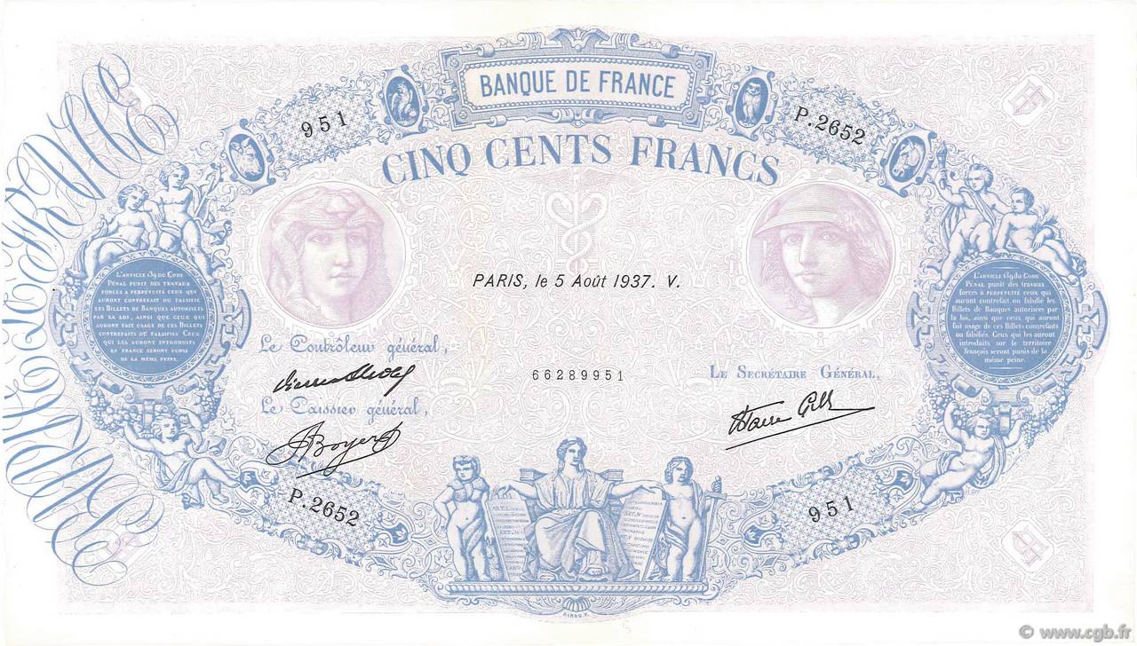 500 Francs BLEU ET ROSE modifié FRANCE  1937 F.31.01 AU