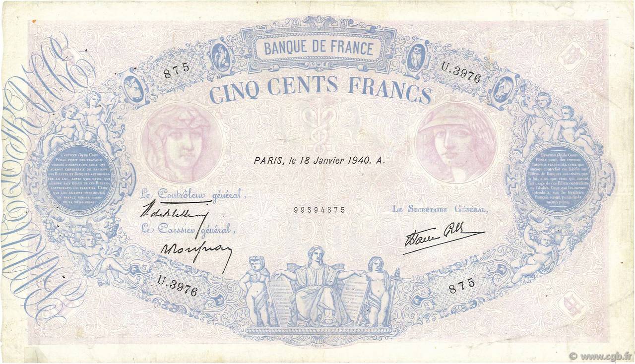 500 Francs BLEU ET ROSE modifié FRANCIA  1940 F.31.57 BC+