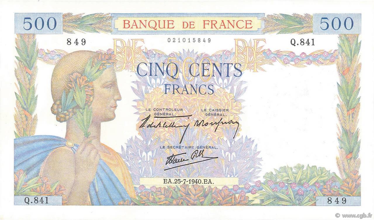 500 Francs LA PAIX FRANCE  1940 F.32.05 UNC