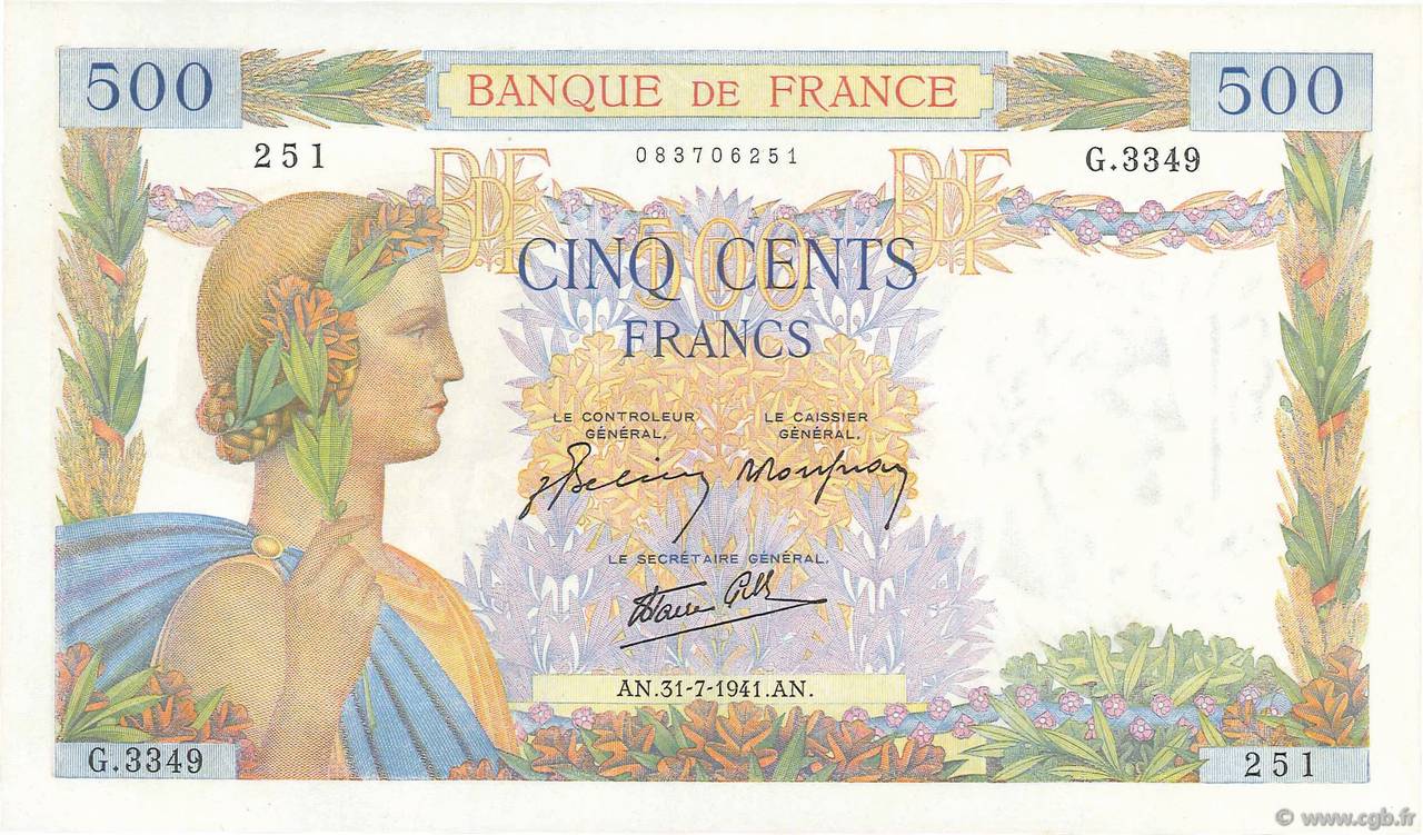 500 Francs LA PAIX FRANCE  1941 F.32.20 NEUF