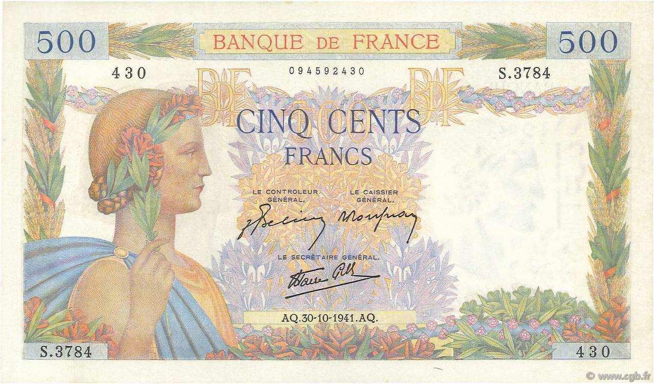 500 Francs LA PAIX FRANKREICH  1941 F.32.23 fST+