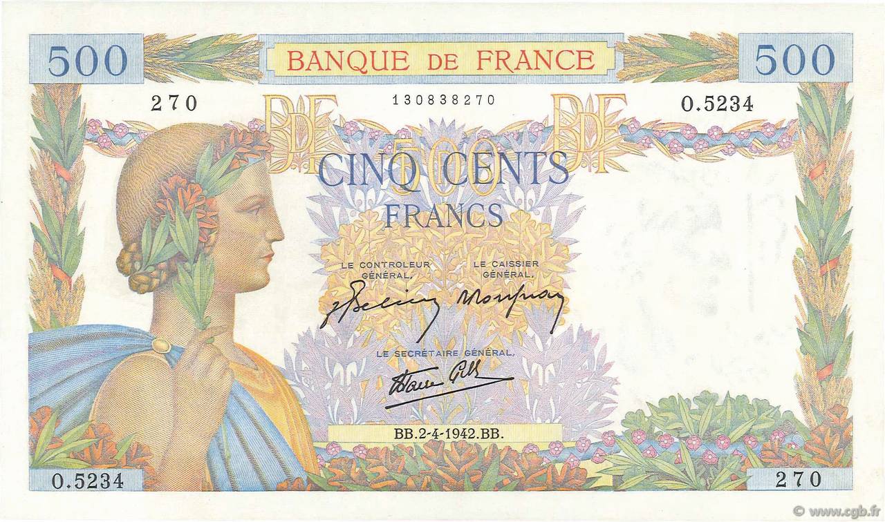 500 Francs LA PAIX FRANCE  1942 F.32.33 UNC-