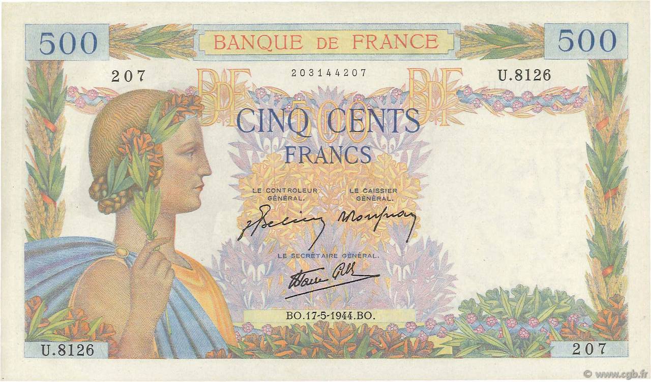 500 Francs LA PAIX FRANCIA  1944 F.32.47 SPL+