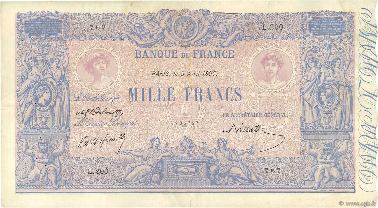1000 Francs BLEU ET ROSE FRANCIA  1895 F.36.07 MBC