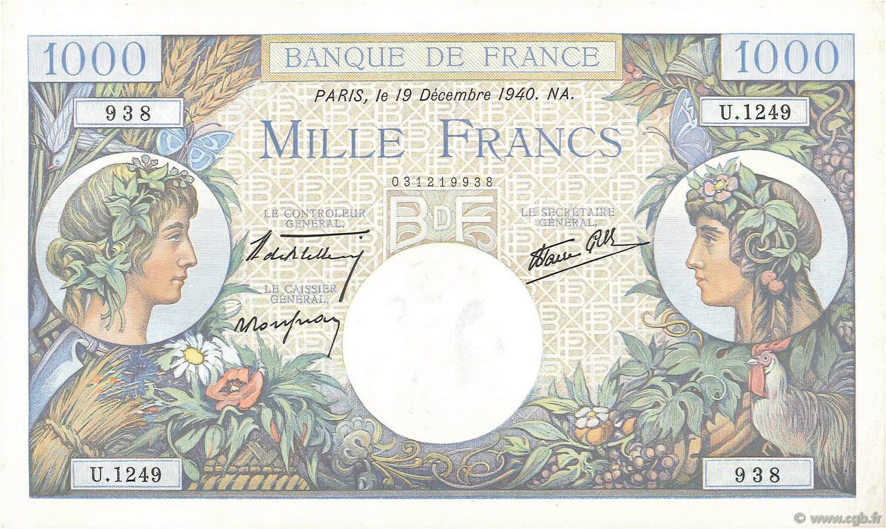 1000 Francs COMMERCE ET INDUSTRIE FRANCIA  1940 F.39.03 q.FDC